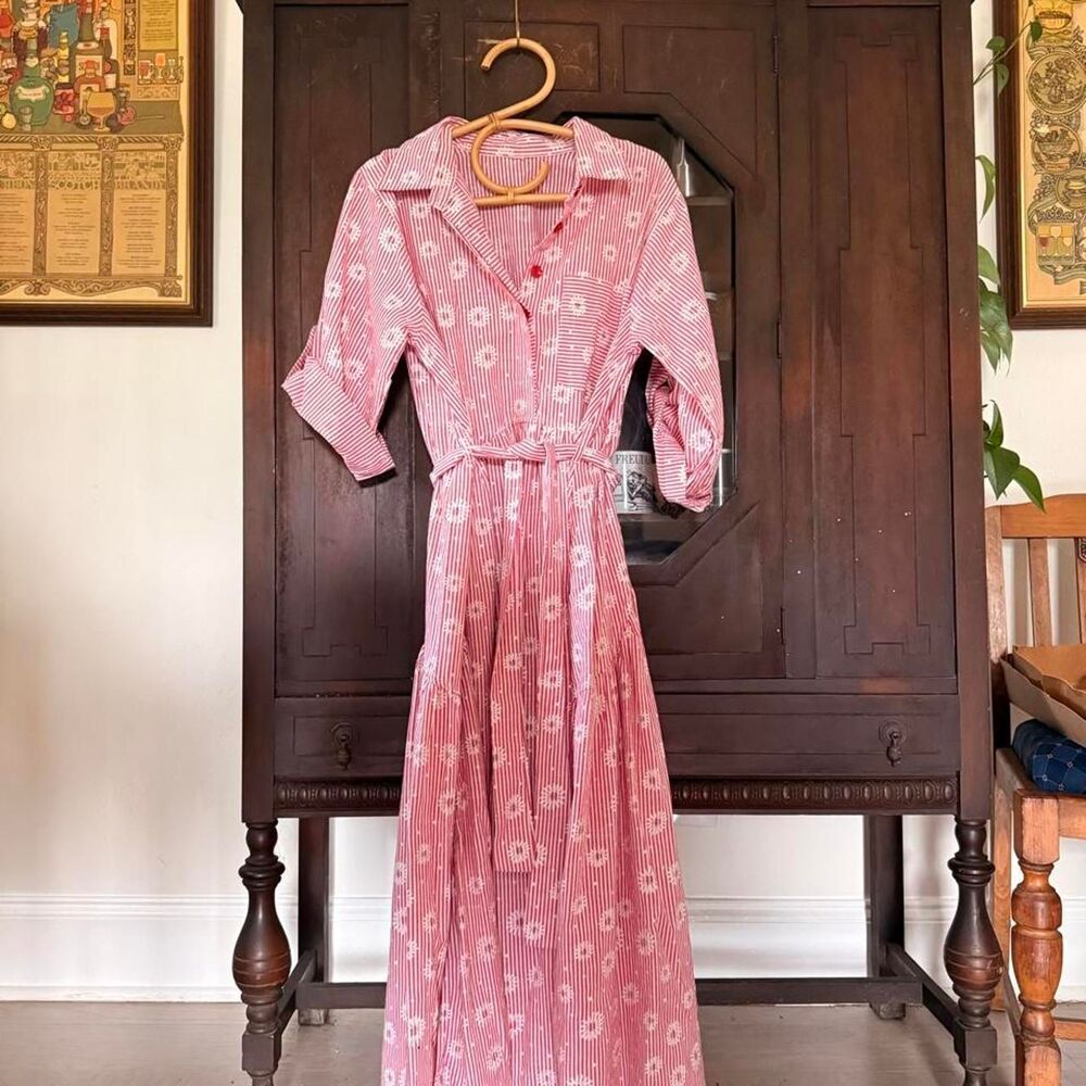 Red & White Striped Embroidered Cotton Maxi Shirt Dress — M/L